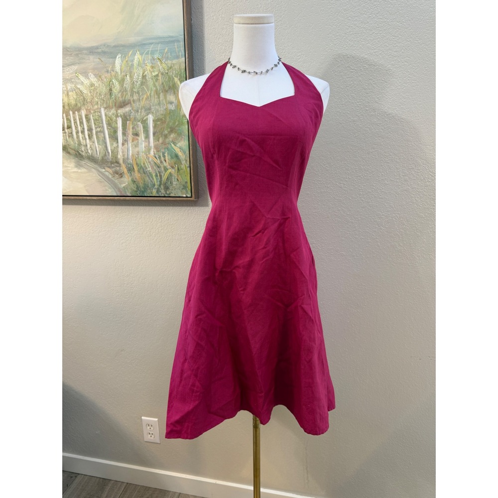 Bigio Collection Fuchsia Halter Fit & Flare Midi Dress Size 2 Pink Linen Blend